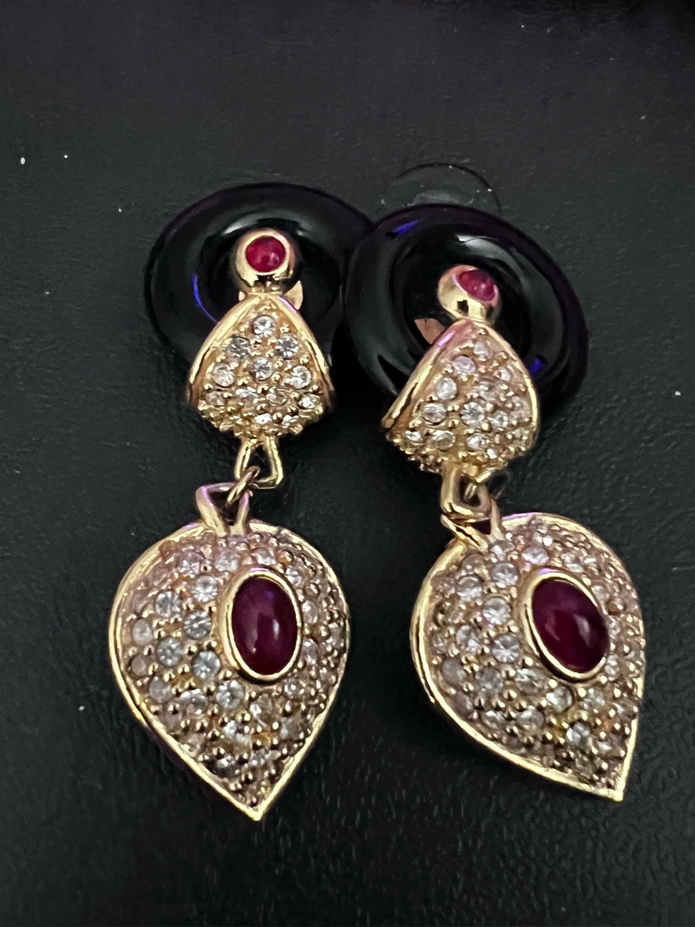 Gold-Tone Drop Earrings with Red Gem and Crystal Pavé